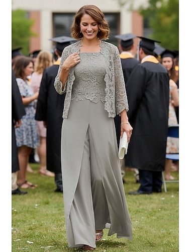  A-linje 3 -delt drakt Buksedrakt Gulvlengde Kjole til brudens mor Ermeløs Langermet Spagettistropper Elegant Formell Bryllupsgjest Chiffon Snøringsblonder Innpakking inkludert med Blonder Appliqué