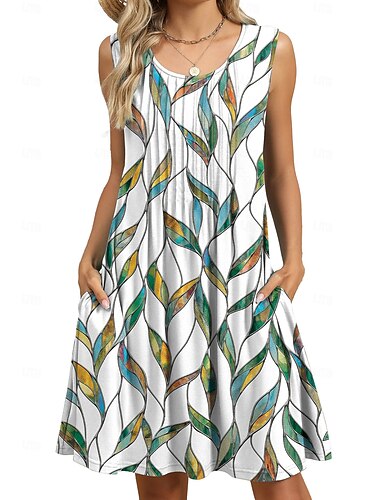 Damen Minikleid A Linie Kleid Sommerkleid Schulterfreies Kleid Urlaub Lässig Täglich Heim Outdoor Lässiger Schnitt Blumen Grafik Blatt Ärmellos Rundhalsausschnitt Grün Sommer Frühling Herbst