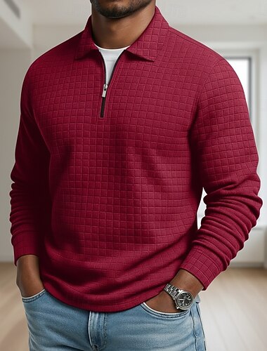  Homme Chemises Polo Gaufre Texturé Occasionnel Extérieur Fermeture éclair Zip quart manche longue Mode Moderne Couleur Unie Texturé Zip Up Printemps & Automne Toutes saisons Coupe régulière Noir