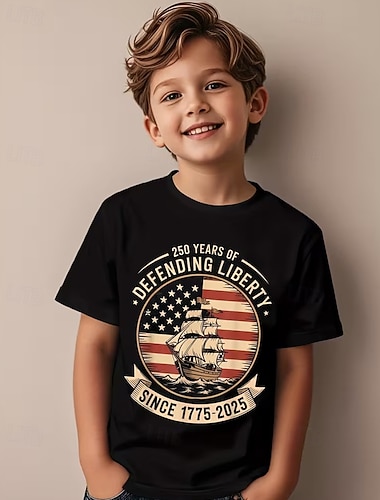  100% Baumwolle Kinder Jungen Schwarz Weiß Schiff USA Flagge 250-jähriges Jubiläum T-Shirt Bluse Rundhalsausschnitt Kurzarm Outdoor Alltagskleidung Mode Streetwear Designer Drucken Sommer