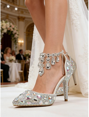  Escarpins de mariée de luxe en cristal – chaussures de mariage scintillantes en strass avec pompon à chaînette pour une cérémonie glamour en salle de bal et de prestige