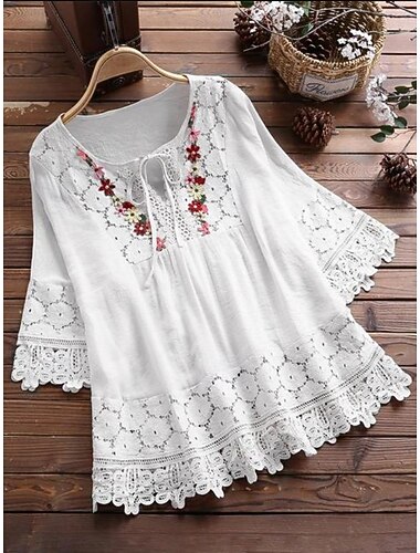  Damen Popover-Hemd Freizeithemd Bluse Gerafft Spitze Patchwork Einfach Elegant Mode Streetwear Dreiviertelarm Rundhalsausschnitt Krawattenhals Normale Oberteile Outdoor Ferien Ausgehen Blau Schwarz