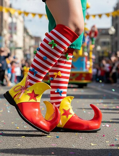  Scarpe da clown a righe da uomo per Mardi Gras rosse e gialle con punta a punta e tacco curvo divertente vestibilità comoda perfette per Carnevale e costumi da clown