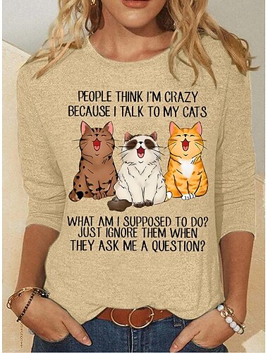  Jul Dame T skjorte Trykt mønster Grafisk Dyr Katt Årgang Mote Stilfull Langermet Crew-hals Vanlige topper Daglig Helg Blå Svart Hvit Rosa Grønn Vår Høst