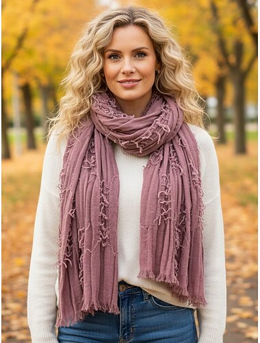  Dameskjerf i bomull og lin med frynsede dusker – bohemsk stil, flere farger, lett og komfortabelt for både hverdagsbruk og fritidsbruk