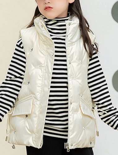  Infantil Para Meninas Jaqueta de penas Colete Casaco puffer Côr Sólida Esportes Bolsos Mantenha Quente Ao ar livre Casaco agasalhos 4 anos + Inverno Preto Branco