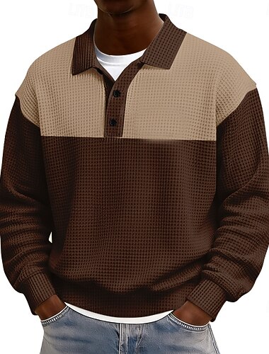  رجالي ألوان متناوبة قمصان بولو الوافل كم طويل قمصان البولو Lapel كاجوال مدرسة ملابس الرياضة مناسب للبس اليومي طباعة ثلاثية الأبعاد الربيع الخريف أزرق أسود بني