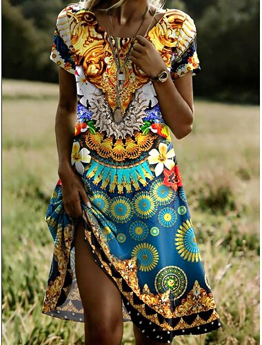  Γυναικείο Midi Φόρεμα Μποέμ T Shirt Φόρεμα Τι Φόρεμα Sundress Α Γραμμή Φόρεμα Καλοκαιρινό Φόρεμα Διακοπών Καθημερινό Εορταστικό Βγαίνοντας Κανονική Εφαρμογή Γραφικό Τραβλού Κοντό Μανίκι Crew Neck