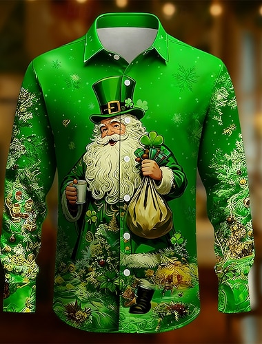  St. Patrick's Day Herren Vierblättriger Kleeblatt Goldmünze Heiliger Patrick Hemd Button Up Hemd Langarm Vintage Retro Party Feiertag Frühling Herbst Umgeschlagen 3D Druck Kragenhemden Grün 1 Grün