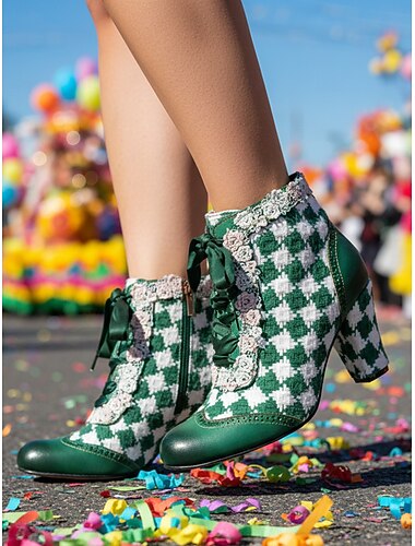  Vrouwen Mardi Gras Groene Geruite Veterschoenen met Hak – Vintage Carnavalsstijl met Kantdetails Perfect voor Carnaval Festivals en Kostuumfeesten