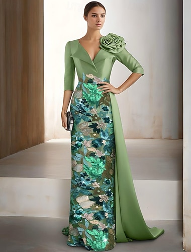  Tubino Colonna Lunghezza al pavimento Perline ricamate Abito Formale Abito da madre della sposa Abito da Sera Abito da ballo con sopragonna Abito formale Elegante Brillanti Floreale Manica 3/4 Bavero