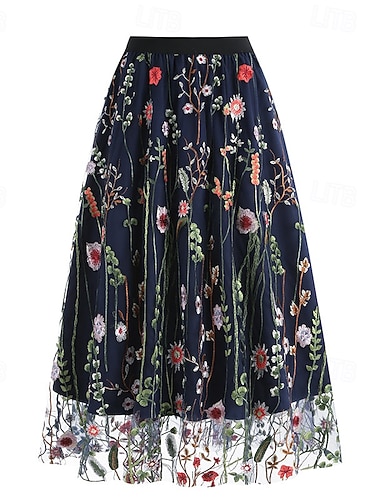 Damen Vintage Mode Midi Hohe Taille Röcke Blumenmuster Patchwork Bestickt Druck Unelastisch Straße Date Blau Aprikose Weiß Rote Sommer Polyester