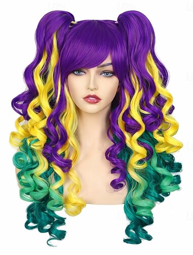  Peruca de Carnaval Roxa Verde Amarela Cacheada Longa Sintética Peruca de Festival Mardi Gras Desfile Fantasia Cabelo para Mulheres