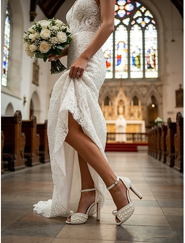  salto agulha feminino com pérolas - sapatos elegantes para casamento com tira no tornozelo e design aberto na ponta