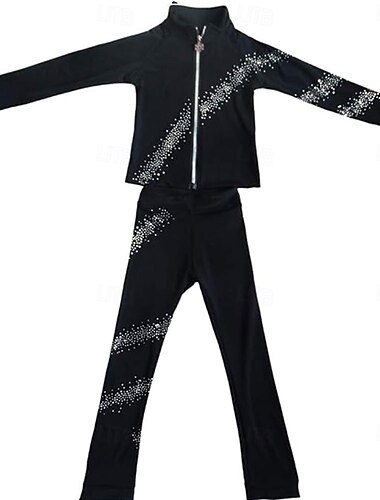  Kunstschaatsjas met broek, dames- en meisjesschaatsoutfit, zwart, elastisch, trainings- en wedstrijdschaatskleding, thermisch, warm, met kristallen/strasssteentjes, lange mouwen, kunstschaatsen.
