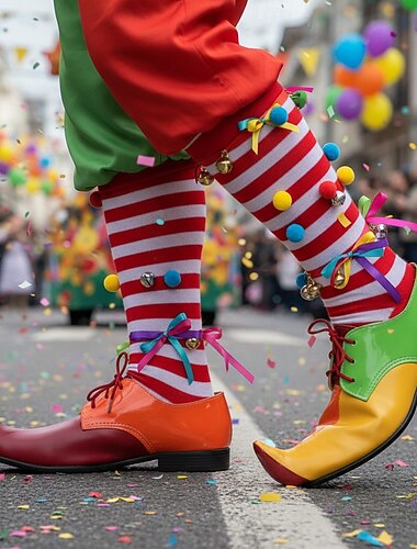  Herren Mardi Gras Bunte Clown Schuhe mit Mehrfarben-Panels und roten Schnürsenkeln Lustiger  verspielt Stil für Karneval und Clown Kostüme