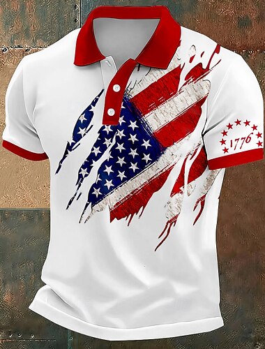  4 juillet 2026, 250e anniversaire Homme Drapeau Américain Polo Manche Courte Polos Revers Occasionnel Athleisure Tenue quotidienne Tenue de fête Impression 3D Boutons Printemps Bleu Blanche Rouge