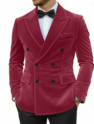  Blazer en velours pour homme, fermeture à col boutonné, style décontracté, couleur unie, rouge, bleu, violet, coupe ajustée, croisé, six boutons
