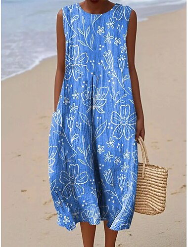 Damen Midi Kleid Leinenähnliches Sommerkleid Shift Kleid A-Linien Kleid Urlaub Freizeit Boho Strand Party Ausgehen Lockere Passform Floral Grafik Ärmelos Rundhalsausschnitt Blau Himmelblau Orange