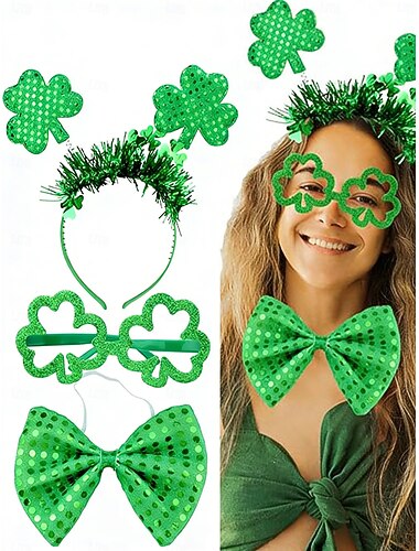  Dameskostuumset met 3-delige accessoires voor St. Patrick's Day, inclusief glitterbril en haarband. &feestkleding met vlinderdas