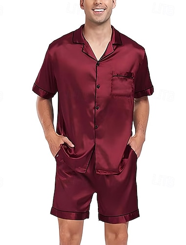  Herren Nachtwäsche Schlafanzug Set Pyjamaoberteil und Shorts 1 Set Einfach Mode Stilvoll Klassisch Täglich Heim Bett Spandex Polyester Komfort Weich Atmungsaktiv Revers Kurzarm Hemd Shorts
