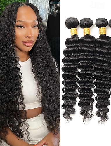  Echthaar-Bundles mit tiefen Wellen (45,7 x 50,8 cm, 4 Bündel), brasilianisches Echthaar, Farbe 1b, für Damen