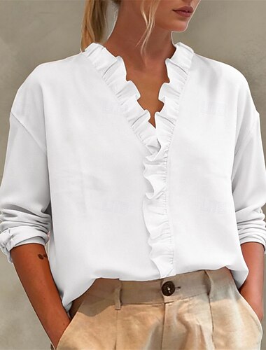  Mujer Blusa Tops elegantes Frunce Volante Retazos Color sólido Plano Elegante Vintage Diario Manga Larga Escote en Pico Tops regulares Diario Trabajo Festivos Azul Piscina Verde Azulado Blanco Rosa