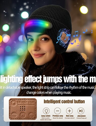 قبعة بلوتوث مزودة بإضاءة، وسماعة رأس لاسلكية للجنسين مزودة بمؤشر LED لمزامنة الموسيقى، ومكبرات صوت ستيريو عالية الدقة مدمجة. &ميكروفون، قبعة محبوكة قابلة للغسل للجري والتخييم والتزلج، هدايا تقنية