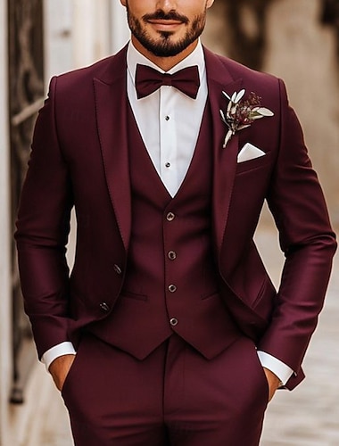  Uomo Smoking Abiti da festa Matrimonio autunnale Nero Borgogna Primavera, Autunno, Inverno, Estate Tuta Bavero a lancia Affari Formale Tinta unita Vestibilità su misura 3 pezzi Monopetto Due Bottoni
