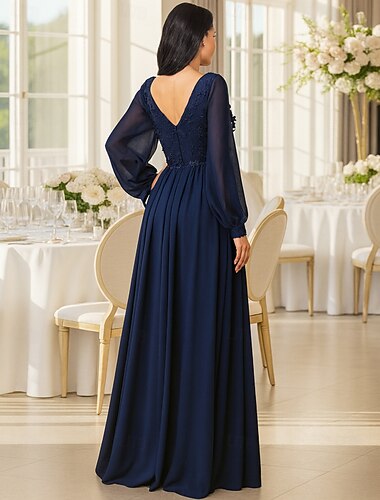  A-Lijn Vloer Lengte Formele Jurken Avondjurk Moeder van de Bruid Jurk Lange Mouw V-Hals Elegant Vintage Feest met Beading