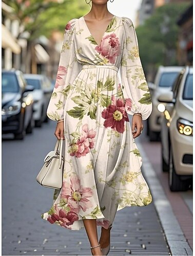  Femmes Robe Midi Robe trapèze Vacances Occasionnel Quotidien Soirée Fête Coupe régulière Fleuri Graphique manche longue Col en V Bleu Rose Claire Orange Beige Été Printemps