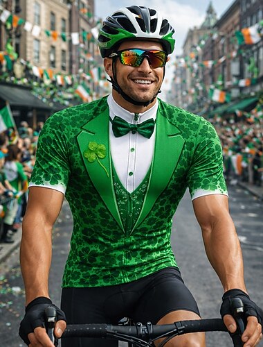  Herren St. Patrick Jersey Radtrikot Shamrock Floral Neuheit Kurzarm Bike Tee T-Shirt Jersey Oberteil mit 3 hinteren Taschen UV-beständig Schnell trocknend Mit Taschen Frontreißverschluss Sport Grün