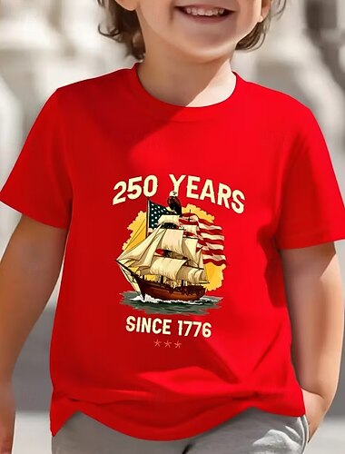  100% katoen Kinderen Jongens Zwart Wit Rood Vlag Schip 250-jarig jubileum T-shirt Blouse Strakke ronde hals Korte mouw Buiten Dagelijks gebruik Modieus Streetwear Ontwerper Afdrukken Zomer