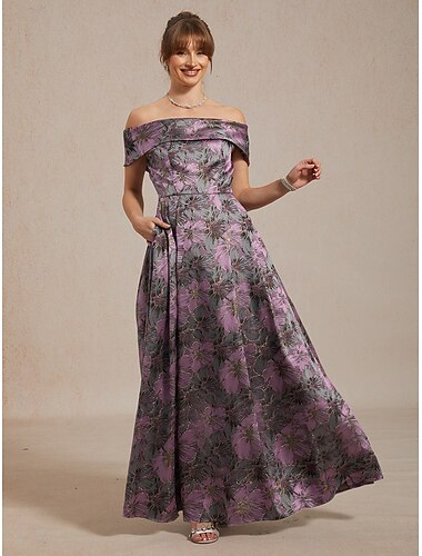  نسائي فستان طويل فستان ملائم وواسع فستان بدون أكتاف أنيق حفلة ليلية قماش الجاكار ميتالك عادي ورد بدون كم دون الكتف أرجواني