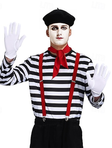  Costume élégant Artiste Mime Clown mime Cirque Déguisement Cosplay Rayé Adulte Homme Femmes Halloween Carnaval Soirée Performance Vêtements de Maison Se déguiser