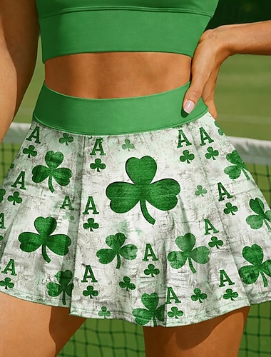 St Patrick Dam Klöver Avslappnad kjol Tenniskjol Trendig Tryck UV-skydd Elastisk Tennis Pickleball Löpning Underdelar Grön Tenniskläder