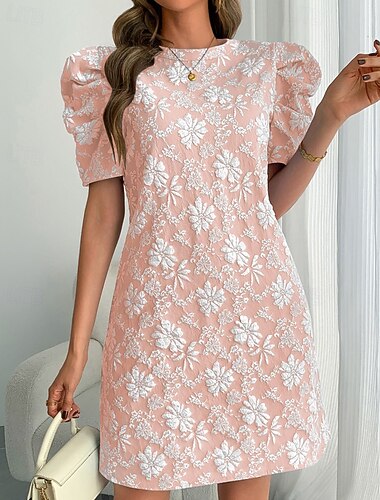  Dam Mini klänning Klänning med tryck Vintage Puffärm Dagligen Utomhus Utekväll Normal Blommig Kortärmad Rund hals Blå Vit Rodnande Rosa Sommar Vår
