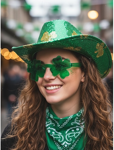  Conjunto feminino de 3 peças para o Dia de São Patrício: chapéu de cowboy com lantejoulas e óculos de sol com trevo. &Conjunto de bandana verde – acessórios festivos com glitter para desfiles e festas