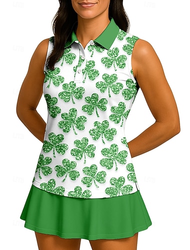  St. Patrick Dame Clover Topper Sportsskjorte POLO T-skjorte Tanktopp Ermeløs Blomster Knapper UPF50+ UV-bestandig Høy Elastisitet Fukttransport Pustende Volleyball Tennis Golf Krage Aftæpning Skjorte