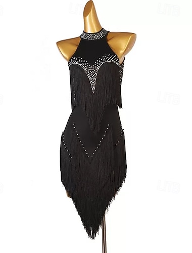  Robe de danse latine noire élégante pour femme - col montant dos nu orné de strass et de franges &robe cha-cha rumba salsa à ourlet asymétrique