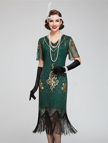  Set Goldene Zwanziger 1920er Flapper Kleid Cocktailkleid mit Zubehör Der große Gatsby Flapper-Mädchen Pailletten Quastenfransen Quastenfransen Pailletten Kostüm Damen Festkleidung Neujahr