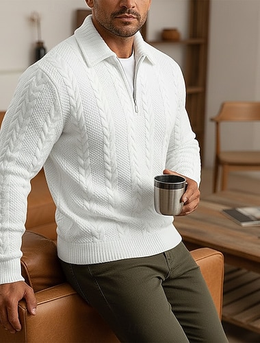  Herren Jacquard Sweatshirt Pullover Kapuzensweatshirt Viertelreißverschluss Sweatshirt Schwarz Weiß Khaki Grau Revers Einfach Reißverschluss Strukturiert Lässig Täglich Sport & Outdoor Streetwear