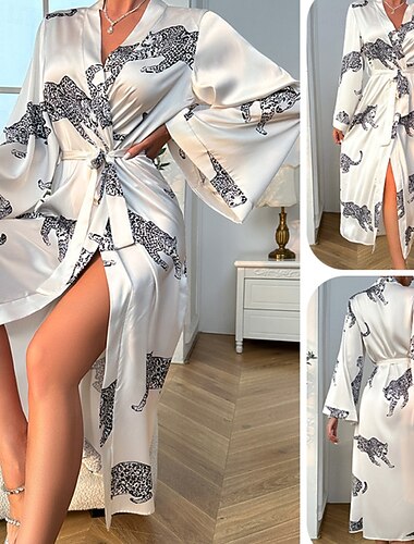  Női Palást Alkalmi Puha Szatén Állat Fűzős Napi Otthon Ágy Hosszú ujj V-alakú Fekete Fehér Arcpír rózsaszín Bézs Nyár Laza öltözet