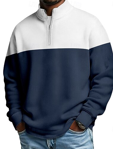  Herr Färgblock Pikétröjor med dragkedja Långärmad Polotröjor farfars krage Ledigt Skola Fritids- Helgdag Dagliga kläder 3D-utskrift Quarter Zip Polo Vår Höst Blå Marinblå Himmelsblå