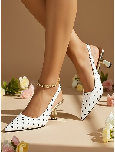  レディース 1950 年代のレトロな水玉模様のスリングバックヒール - ヴィンテージ パーティーやフォーマルなイベントにぴったりの、つま先が尖った白いパテント フェイクレザーとメタリックヒール