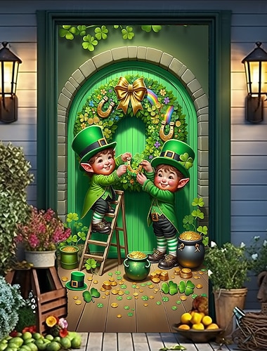  Cortina de porta com trevo verde para o Dia de São Patrício, duende &Painel de porta com trevo irlandês em dourado, perfeito para o Dia de São Patrício.