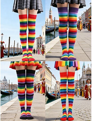  Dames Mardi Gras Kleurrijke Regenboog Eten-Tot-de-Knie Sokken 4-Pak - Rekbare Gestreepte Carnaval Kostuum Kousen voor Vrouwen Levendige Festivalstijl voor Carnaval  Feestoutfits
