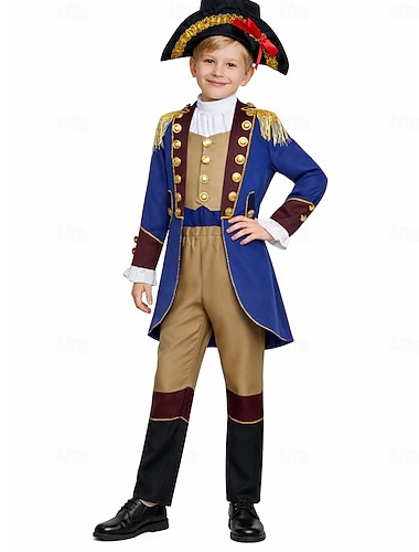  Set 250e anniversaire des États-Unis Rétro Vintage Médiéval Tenues Manches longues George Washington Epoque Coloniale Guerre d'indépendance américaine Déguisement Garçons Costume de Carnaval Carnaval