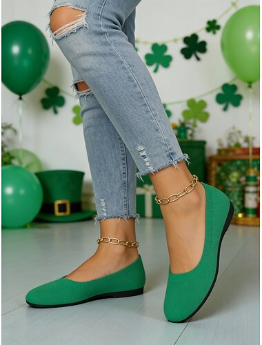  Grüne Flyknit-Ballerinas für Damen – bequeme, dehnbare Slipper, ideal für St. Patrick's Day, Erledigungen, Brunch und Büroalltag.