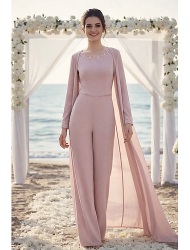  Trois Pièces Tailleur Pantalon Longueur au sol Robe de Mère de Mariée  Sans manches manche longue Col ras du cou Élégant Formel robe demoiselle d honneur Chiffon Satin avec Plis Perlage